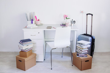 stationery room, table with stationery. back to college, ready for studying.