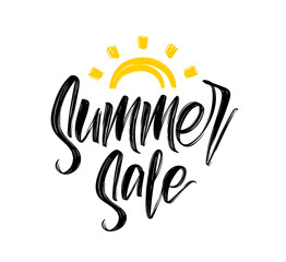Vector illustration. Template for discount with hand lettering of Summer Sale. Special offer. Hand drawn brush sun.