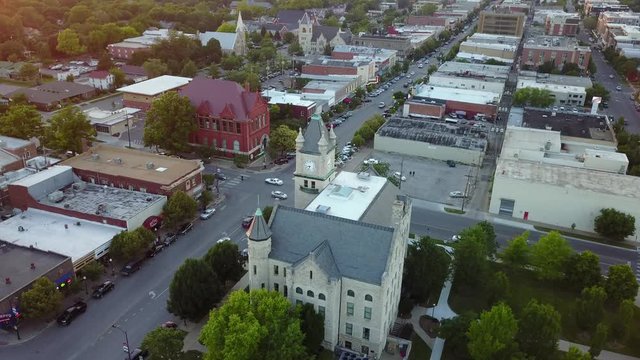 Long Drone Shot over Downtown and City Hall