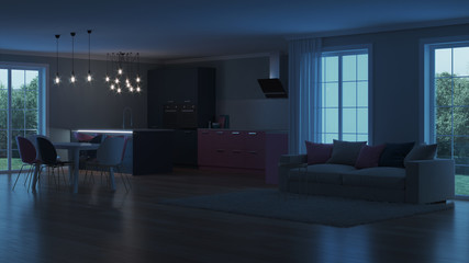 Modern house interior. Pink kitchen. Night. Evening lighting. Artificial light sources. 3D rendering.