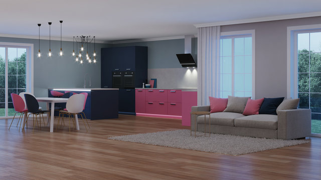 Modern house interior. Pink kitchen. Night. Evening lighting. Artificial light sources. 3D rendering.
