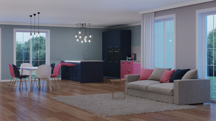 Modern house interior. Pink kitchen. Night. Evening lighting. Artificial light sources. 3D rendering.