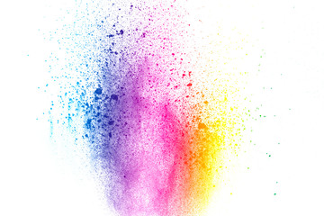 abstract color powder explosion on  white background.Freeze motion of dust splash. Painted Holi in...