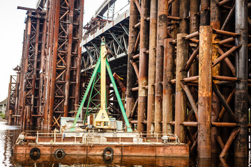 Construction of the bridge across the river.