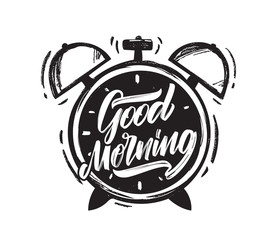 Vector illustration: Handwritten brush type lettring of Good Morning with hand drawn Alarm Clock on white background.