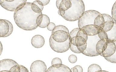 Bitcoin economic financial bubble. Cryptocurrency 3D illustration. Business concept. Golden bubbles on a white background