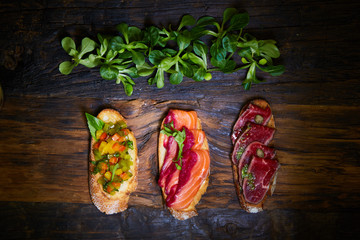 Assorted bruschetta with roast beef, vegetables and lightly salted salmon with greens leaves on...