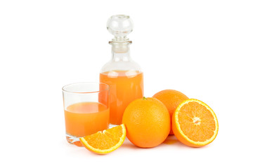 Fresh orange juice with fruits, isolated on white background.