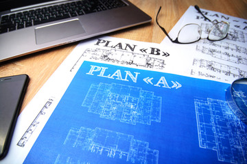 Architectural blueprints - paper, drawings, pencil, plan, layout, ruler, calculator, compasses