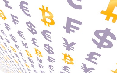 Bitcoin and currency on a white background. Digital Cryptocurrency symbol. Business concept. Market Display. 3D illustration