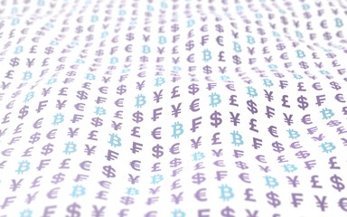 Bitcoin and currency on a white background. Digital Cryptocurrency symbol. Wave effect, currency market fluctuations. Business concept. 3D illustration