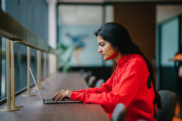 Youthful Indian woman working at a laptop 
