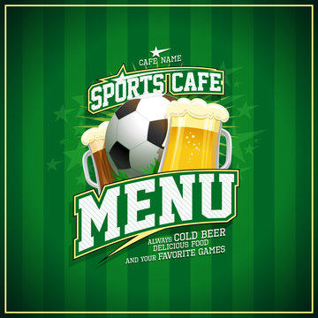 Sports cafe menu cover, football ball and beer
