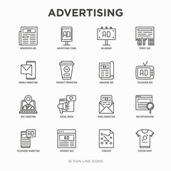 Advertising thin line icons set: billboard, street ads, newspaper, magazine, product promotion, email, GEO targeting, social media, strategy, custom shirt, internet, banner. Vector illustration.