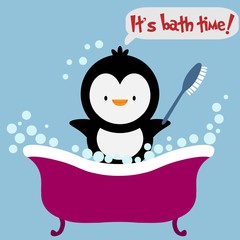 Penguin in a bath with text IT'S BATH TIME