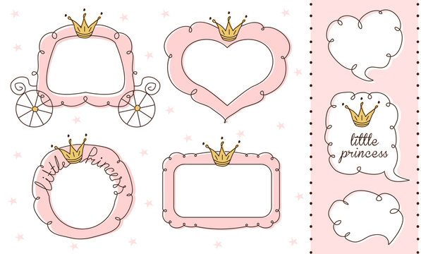 Set of cute doodle mirrors. Princess vector element of design. Pink frames with crown, tiara. Sketch hand drawn. Child's picture. Invitation birthday template. Baby shower girl card. Decorative border