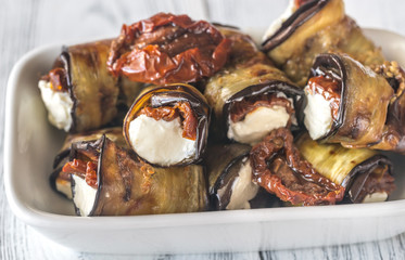 Aubergine rolls with cream cheese and sun-dried tomatoes