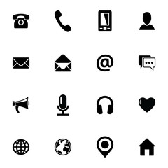 Communication icon set. Vector black flat pictograms for business, mobile, web: phone, mobile, profile, mail, envelope, location, web, chat, microphone, headphones, megaphone, home and others