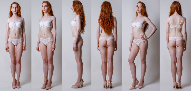 Collage snap red hair models. Full length beautiful slim tanned woman in white underwear, with no retouching on gray background