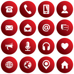 Red spherical communication icon set. Vector images for business, mobile, web: phone, mobile, profile, mail, envelope, location, web, chat, microphone, headphones, megaphone, home