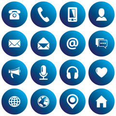 Blue spherical communication icon set. Vector images for business, mobile, web: phone, mobile, profile, mail, envelope, location, web, chat, microphone, headphones, megaphone, home