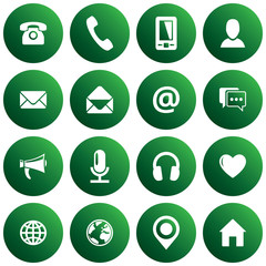 Green spherical communication icon set. Vector images for business, mobile, web: phone, mobile, profile, mail, envelope, location, web, chat, microphone, headphones, megaphone, home