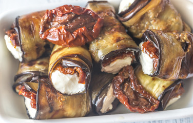 Aubergine rolls with cream cheese and sun-dried tomatoes
