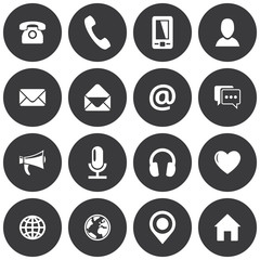 Flat grey spherical communication icon set. Vector images for business, mobile, web: phone, mobile, profile, mail, envelope, location, web, chat, microphone, headphones, megaphone, home