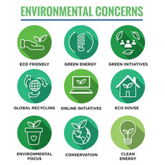 Environmental concerns icon set with lightbulb, hand holding leaf, recycling, etc