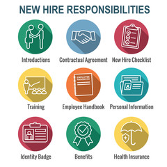 New Employee Hiring Process icon set   w checklist, handshake, training, etc