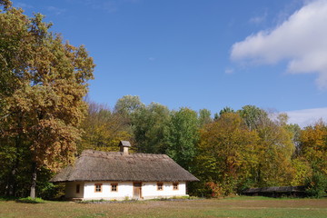 Fototapeta na wymiar house with white walls and thatched roof