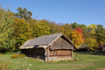 log house with a thatched roof