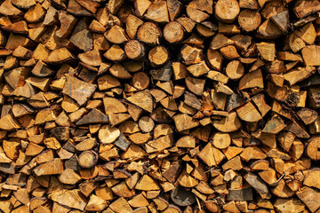 Sun shining on stack of firewood.