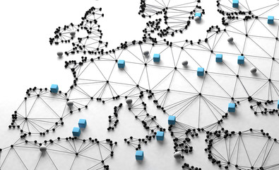 Diseño de mapa del mundo en fondo blanco.Concepto de logística y acuerdos comerciales internacionales.Red de negocios de empresa multinacional y libre comercio © C.Castilla