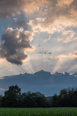 abstrakter himmel mit Sonnenstrahlen und Feld