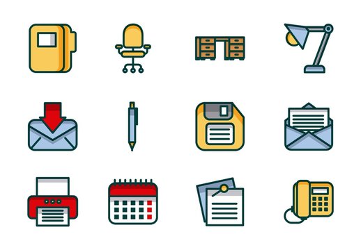 Colorful Office Equipment Stationery Desk Tools Icons Set