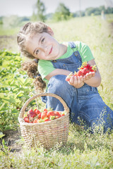 In summer, in the garden, a small sweet curly girl eats strawberries.