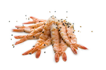 Close-up pieces of shrimps with sesame isolated on white.