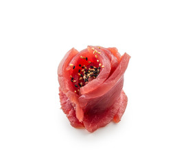 Fillets of raw tuna with sesame isolated on white.