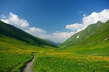 Obraz premium Green slope of the high big mountain. Alpine meadows in the Caucasus Mountains. Flowers of all colors and grasses. Beautiful blue sky and clouds. Impressions from mountain tourism.