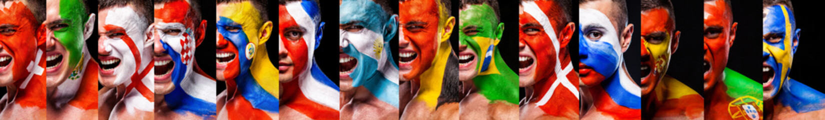 Closeup face of soccer or football fans with bodyart on face with agression emotion. Country flags.