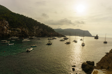 Benirras beach, Ibiza, Spain - 27 August, 2017: landscape of the beaches of Berritas, Ibiza, Spain
