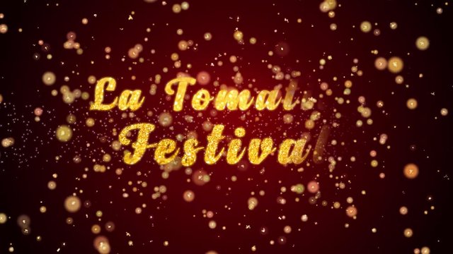 La Tomatina Festival Greeting Card text with sparkling particles shiny background for Celebration,wishes,Events,Message,Holidays,Festival.