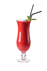 strawberry smoothie in a transparent glass on a white background