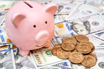 Piggy bank with coins on background of dollar bills.