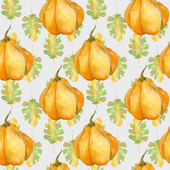 Seamless pattern with oak leaves and yellow pumpkin. Watercolor light green on a gray background.