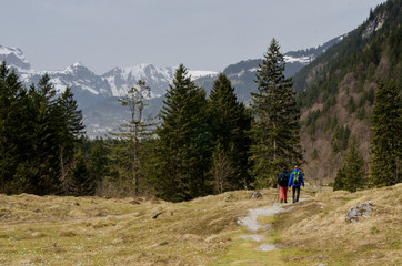 Fototapeta na wymiar A couple of hikers wandering through high mountain meadow valley