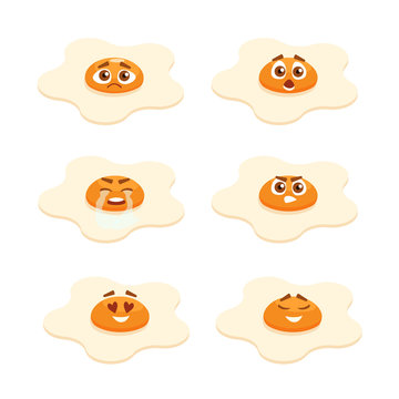 Cute cartoon fried eggs collection. Different emotions set. Vector Emoji yellow smiley face of fried egg with eyes and mouth on white background. 
