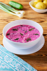 Traditional Russian cold beetroot soup holodnik