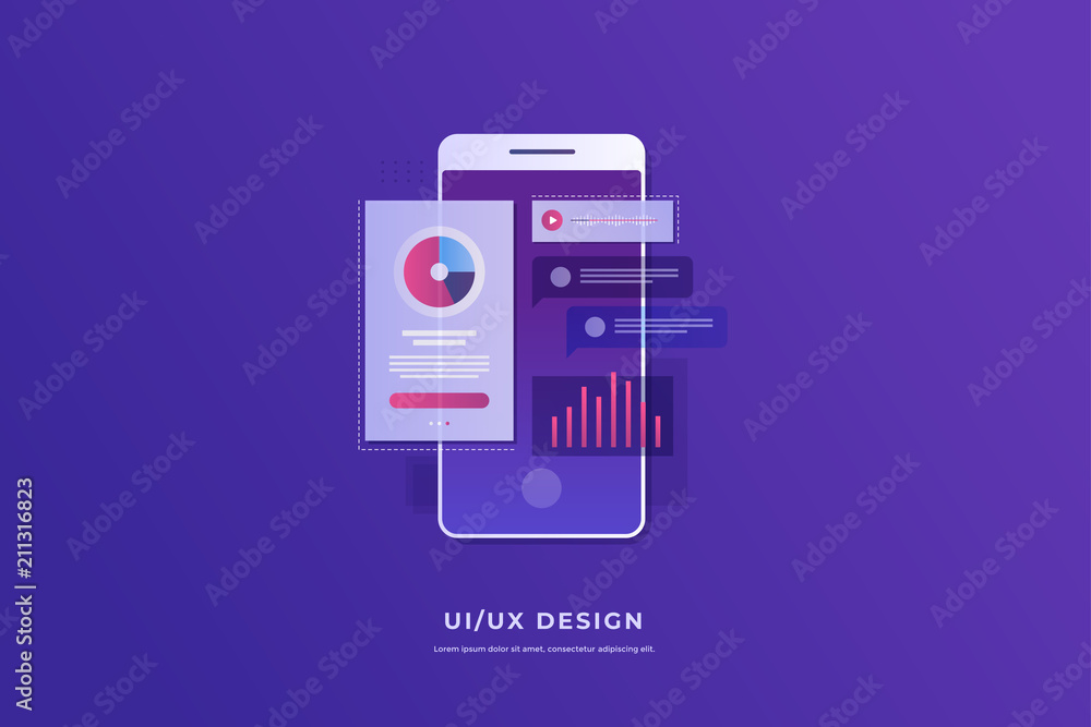 Poster mobile ui/ux development design concept. smartphone with interface elements. digital industry. innov